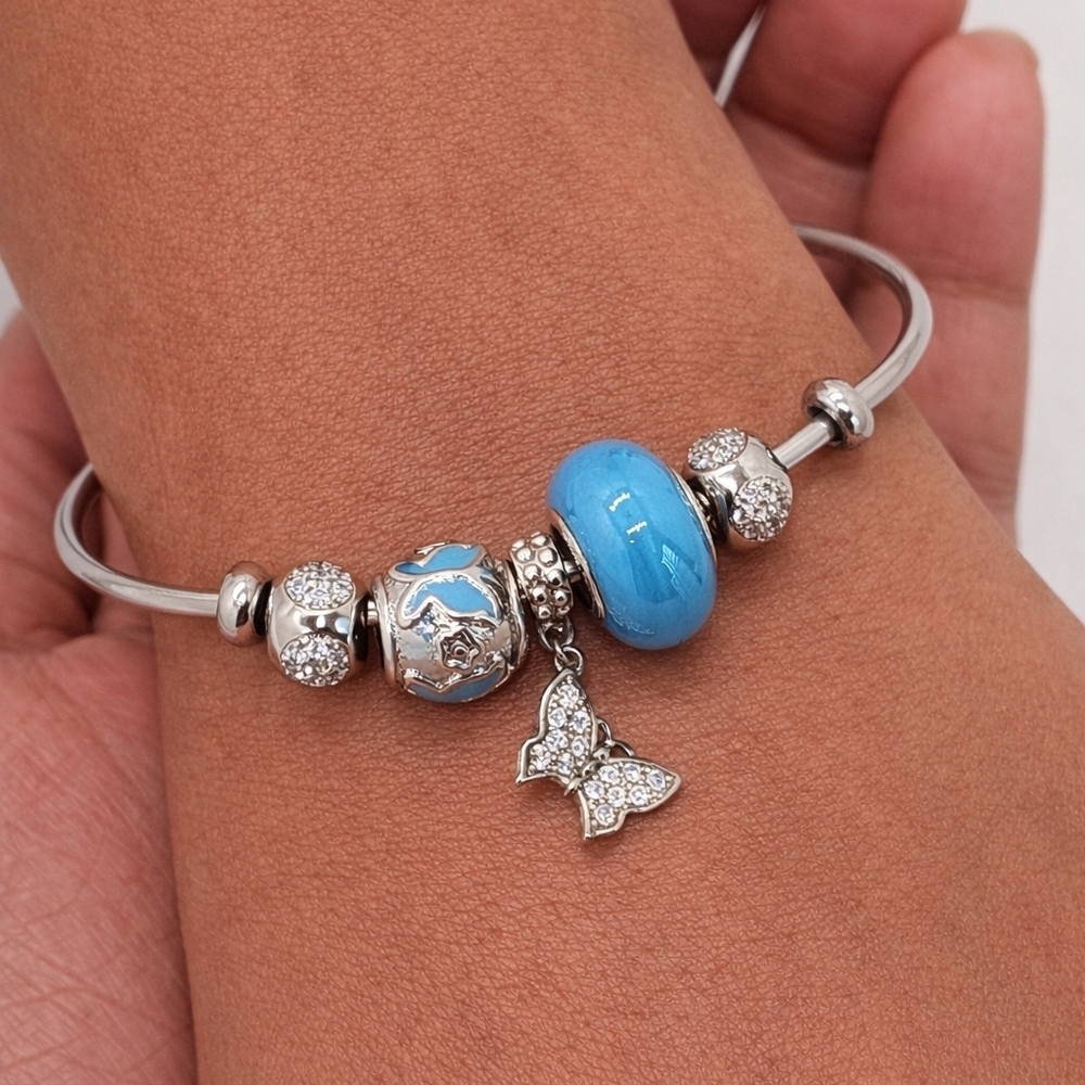 Silver Color Gold Plated Charm Bracelet Blue Crystal Beads Buterfly Charm